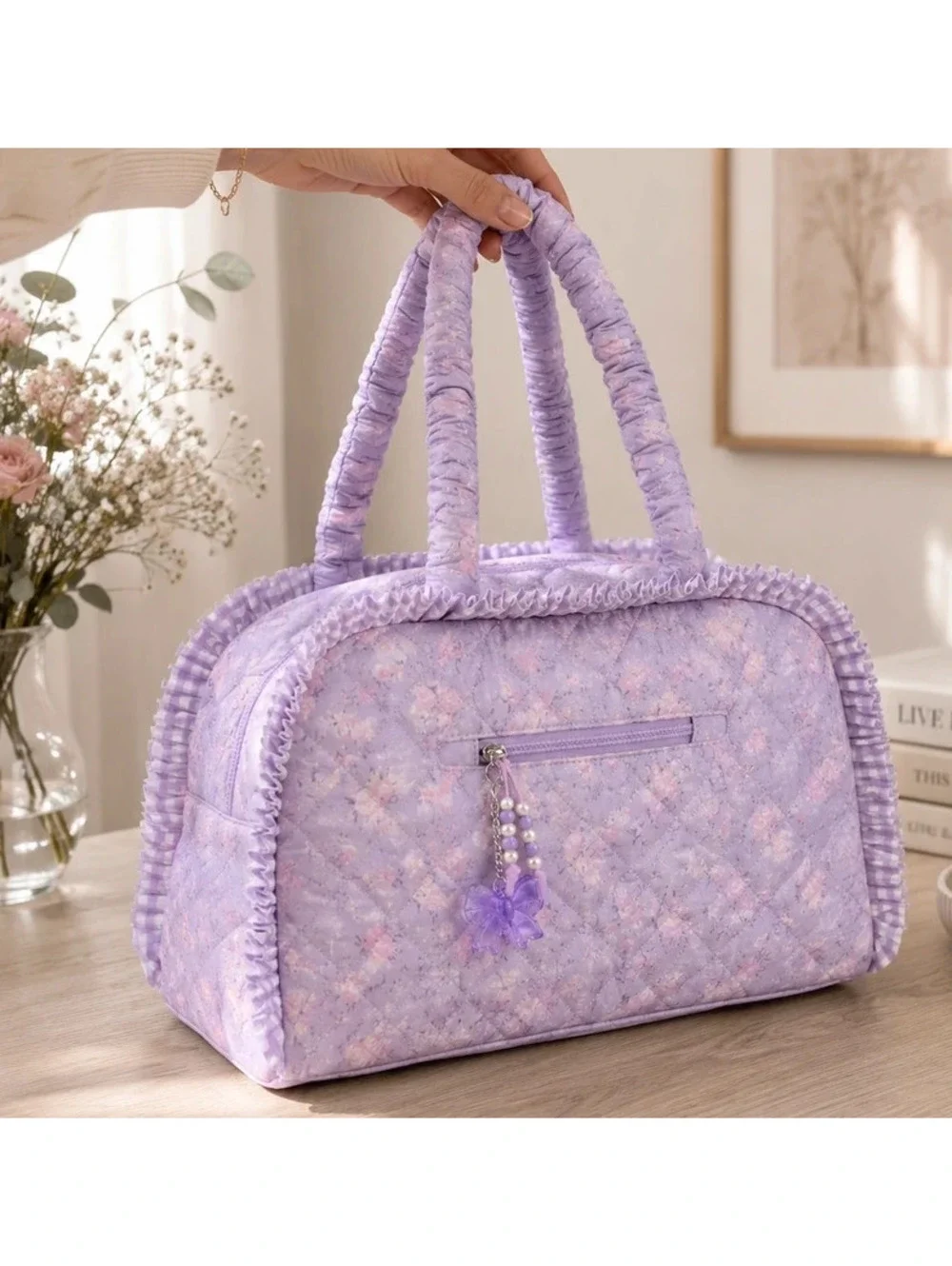 OMG Accessories Quilted Floral Duffle Bag Lilac Lavender Weekend Travel Bag NWT